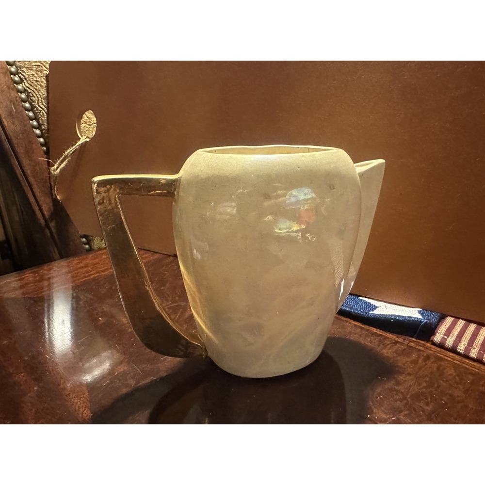 Mid-Century 6 1/2" Porcelain Pitcher with Gold Spout/Handle, Iridescent Glaze